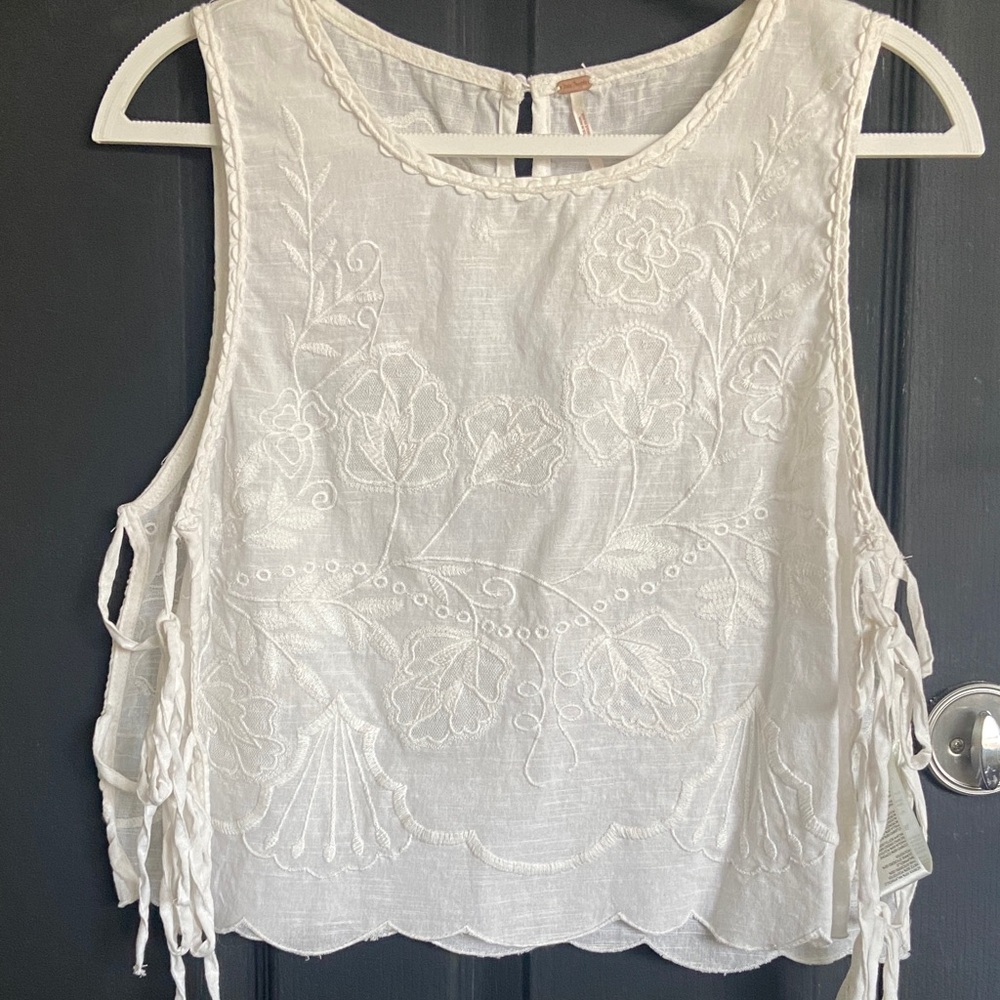 Free People White Floral Embroidered Blouse